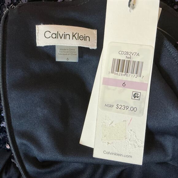 Calvin Klein Sequined Short Sleeve Evening Gown Blue Size 6 Long Formal Dress - Picture 9 of 13